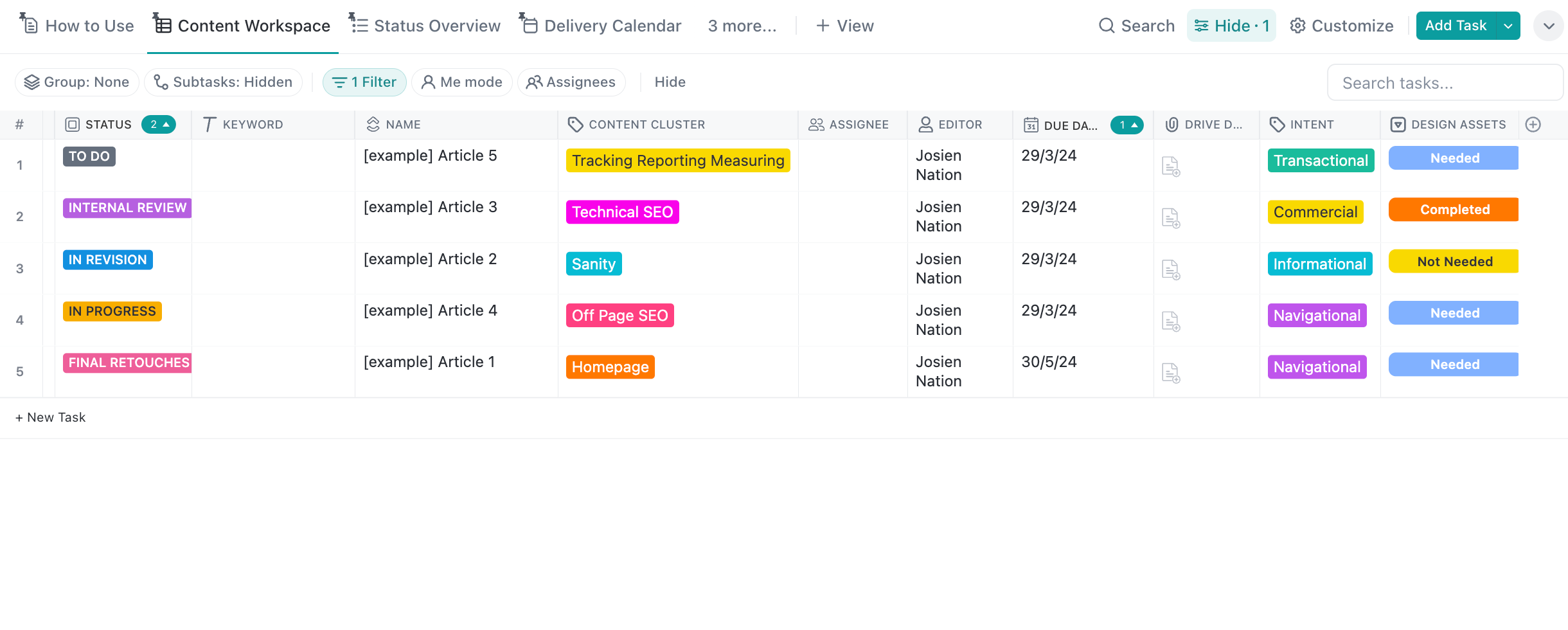 Screenshot of our content calendar in Clickup, our preferred tool for keyword mapping