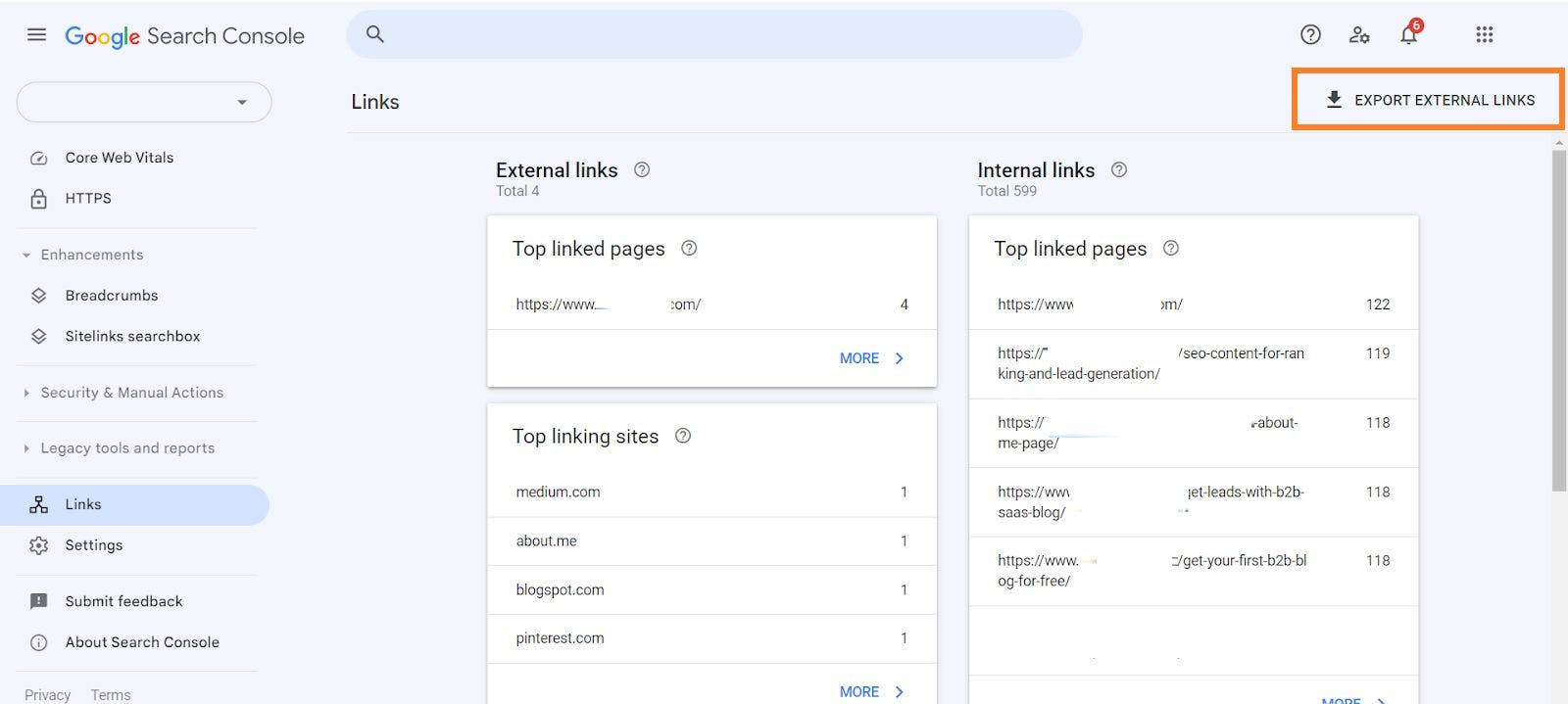 Google Search Console - Export external links