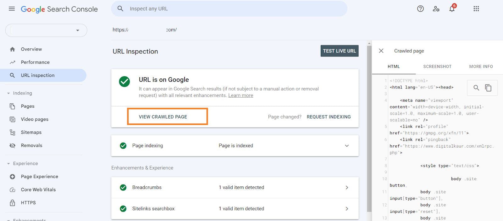 Google Search Console - URL Inspection screenshot
